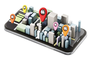 City buildings and colored pins on smartphone on transparent background. 3D illustration