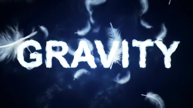 The word GRAVITY is written in ethereal white cloud-like letters against a dark blue background with soft white feathers gently falling all around creating a beautiful paradox