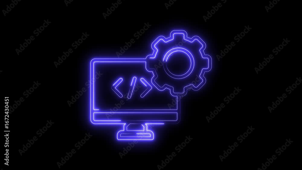Aufkleber glowing neon code gear icon computer monitor technology concept digital process automation