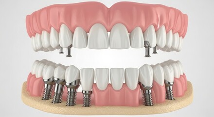 Fototapeta premium Detailed 3d dental implant procedure anatomy explained showing upper and lower jaw tooth replacement and gum health visualization