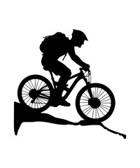 Silhouette of a Mountain Biker Riding Downhill on a Rocky Terrain Sticking Out with a Backpack and Helmet