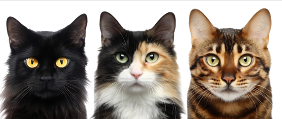 Realistic photograph of three cats one black cat with yellow eyes and brown fur another calico cat and a third Bengal cat all isolated on a white background P