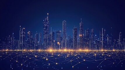 Fototapeta premium Nighttime Digital Cityscape with Neon - Lit Skyscrapers and Network - like Ground Elements 