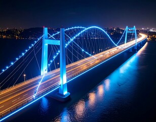 Obraz premium Night scene of a long suspension bridge illuminated in blue, with traffic lights trailing across it, reflecting in the dark water below