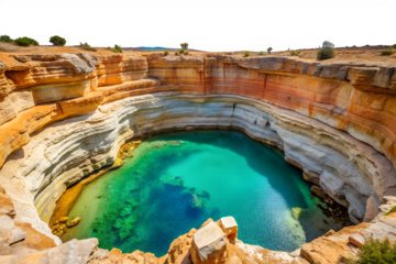 Spectacular natural sinkhole with clear turquoise water, showcasing stratified rock formations and a vast blue sky