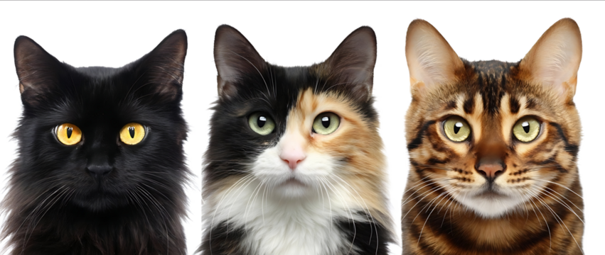 Realistic photograph of three cats one black cat with yellow eyes and brown fur another calico cat and a third Bengal cat all isolated on a white background P