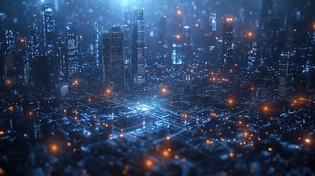 Aerial View of Futuristic Digital Cityscape with Glowing Lights and Circuit - like Patterns 