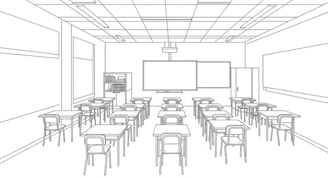 A black and white line art illustration of an empty modern classroom interior with desks, chairs, and a whiteboard.