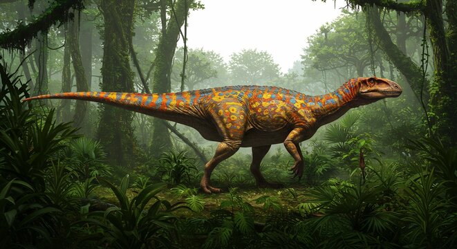Fantastischer Dinosaurier schreitet durch urwald�hnliche Landschaft morgendlicher Nebel. AI Generated