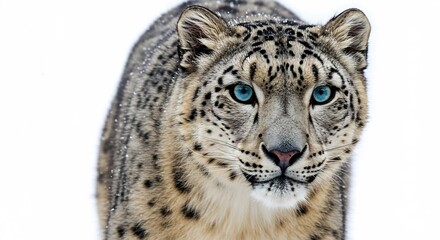 Fototapeta premium Schneeleopard blickt ruhig starkes Weiss Hintergrund leuchtend blaue Augen. AI Generated