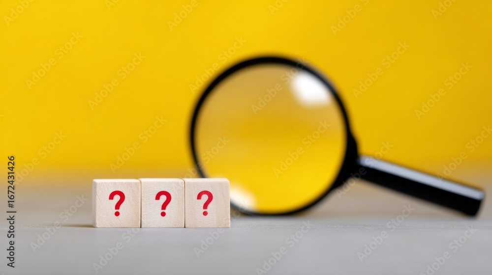 Poster a magnifying glass focuses on three wooden blocks with question marks. this image represents inquiry