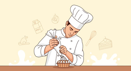 Baker Decorating Creamy Tart on Table, Illustration of Pastry Chef at Work in Kitchen
