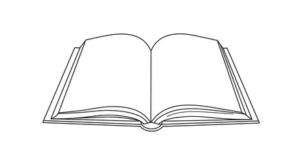 A simple black and white line drawing of an open book with blank pages, viewed from the front.