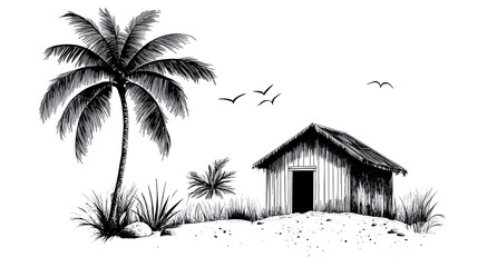 Hand drawn black and white illustration of tropical hut palm tree and birds photo