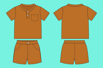Naklejka premium Baby Kids Short Sleeve T-Shirt and Short Pant Set Fashion Flat Sketch Vector Illustration Outline.