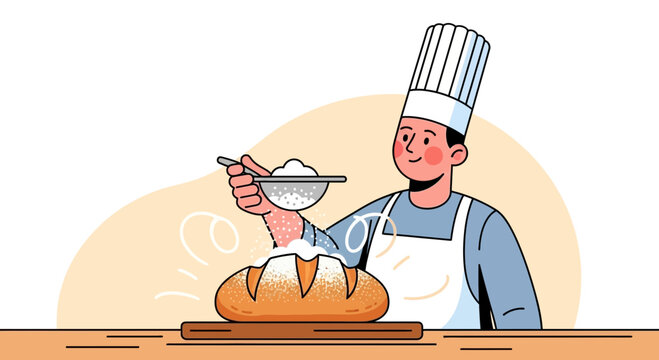 baker sifting flour on bread, cartoon style clip art preview