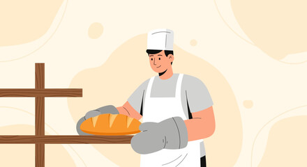 Baker Holding Fresh Loaf Of Bread Near Wooden Rack, Showing Delicious Baked Goods