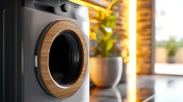 Modern Washing Machine with Elegant Wood Accent in a Bright, Stylish Home Setting