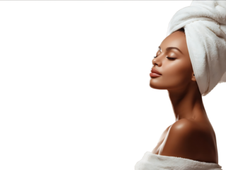 A portrait of an African American woman with her eyes closed wearing a white towel on her head and wrapped in a soft fabric over her shoulders isolated agains