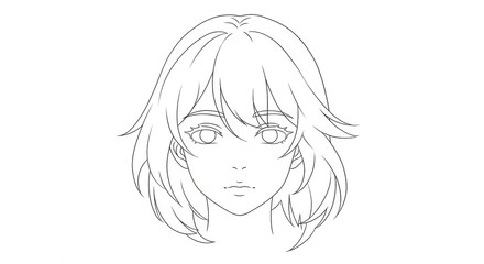 Line drawing of an anime-style female face with detailed features and short hair.