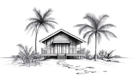 Hand drawn illustration of a tranquil tropical beach hut surrounded by palm trees photo