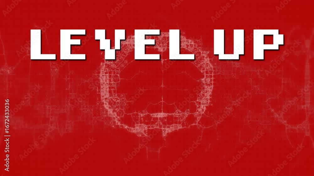 Poster animation of level up over digital human brain and dna helix against red background