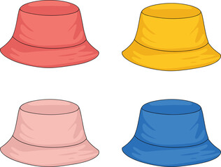 Vector illustration of colorful bucket hats set in red, yellow, pink, and blue, flat fashion accessory design template, casual summer headwear