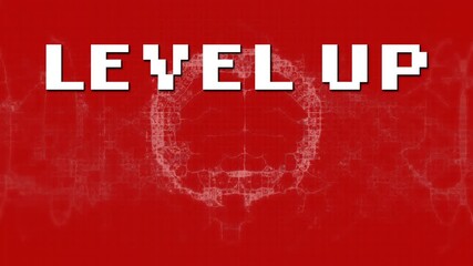Animation of level up over digital human brain and dna helix against red background - Powered by Adobe