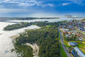 Fototapeta premium Drone aerial photograph of Lake Illawarra in the Shellharbour City Council area of the Illawarra region on the south coast of New South Wales, Australia. 