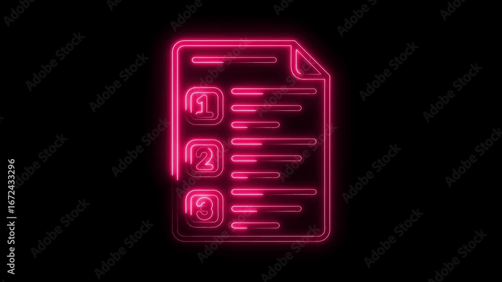 Poster glowing neon pink checklist icon isolated on black background animated list progress steps