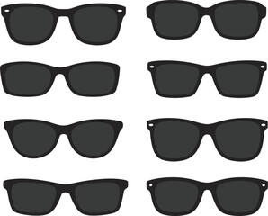 Vector illustration set of different sunglasses frames, black eyewear collection, fashion accessory silhouettes, stylish summer shades design, isolated optical glasses template