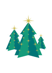 Three decorated Christmas trees in a graphic style with stars at the top
