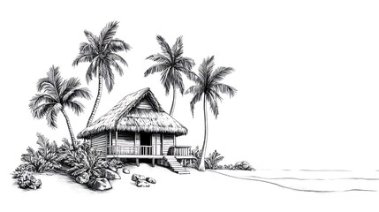 Hand drawn illustration of a tropical beach scene with a bungalow and palm trees photo