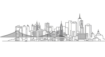 Line drawing of the New York City skyline with a bridge.
