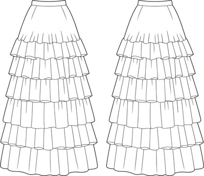 Women tiered maxi skirt fashion flat sketch, layered ruffle design, elegant long skirt vector template, apparel clothing illustration front and back view