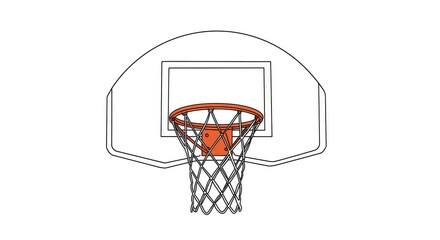Front view of a basketball hoop with a backboard, net, and a basketball inside, isolated on a white background.
