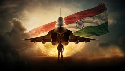 Indian air force fighter jet soars with national flag in dramatic sky