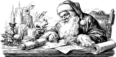 Vintage christmas scene with santa claus writing by candlelight, perfect for holiday greeting cards and posters