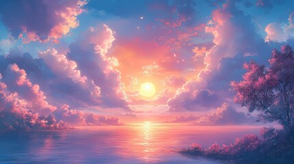 Obraz premium Serene Sunset over Calm Water with Fluffy Clouds and Trees