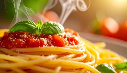  spaghetti with tomato sauce and fresh basil, steam rising, cinematic