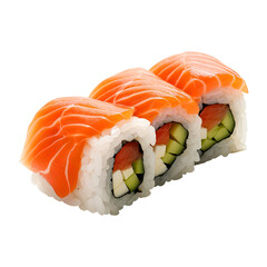Fresh salmon sushi with rice isolated on transparent white background, clipping path