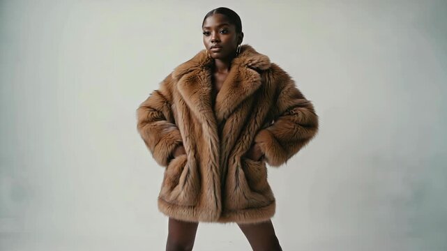 Fashion model posing wearing faux fur coat on white background