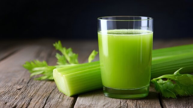 Fresh celery juice in a glass on wooden table. Vibrant green drink with celery stalks close by. Ideal for health enthusiasts and recipes. Perfect for nutritious lifestyle and wellness. AI