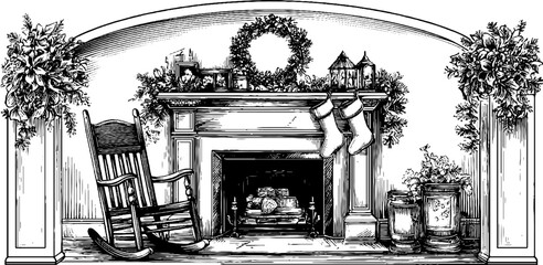 Fototapeta premium Festive holiday fireplace decor with wreath and stockings for christmas design