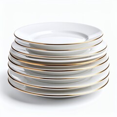 Obraz premium Elegant stack of pristine white porcelain plates adorned with delicate gold trim on white background