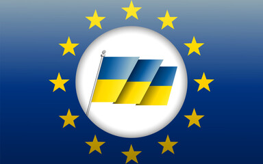 Ukraine UA in the center of EU Europe Union flags background, banner, wallpaper for text. Cooperation, negotiation, partnership, membership concept patriotic template