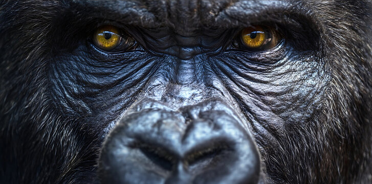 Closeup of an aggressive gorilla face portrait of the animal in its natural habitat wildlife photography capturing detailed texture and fur on the skin intens