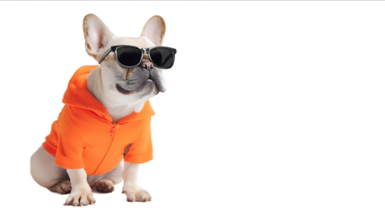 Cute French bulldog wearing an orange jacket and sunglasses isolated on a white background Minimalist stockstyle photograph