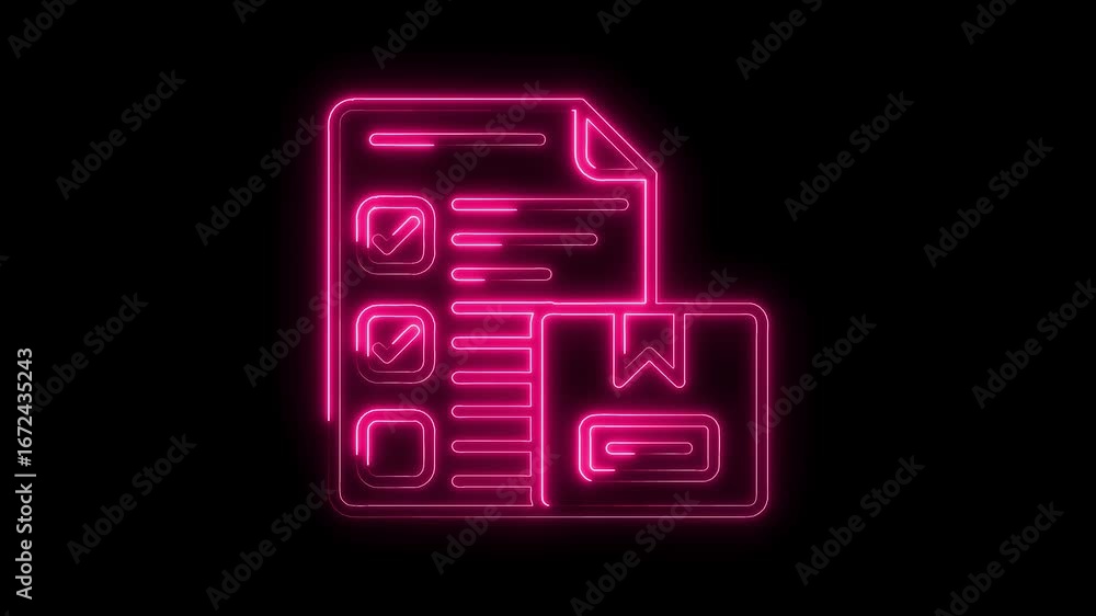 Poster glowing neon checklist icon with checkmarks and box isolated on black background for task
