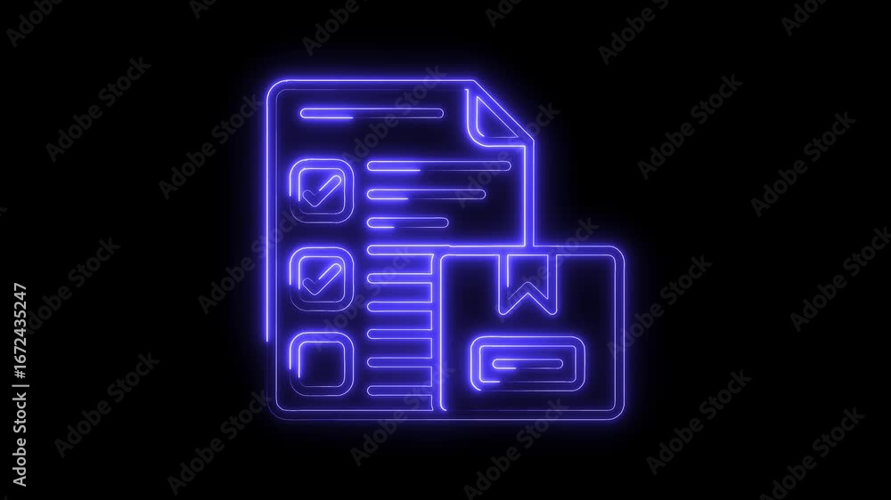 Poster glowing neon checklist icon with package symbol isolated on black background for delivery and